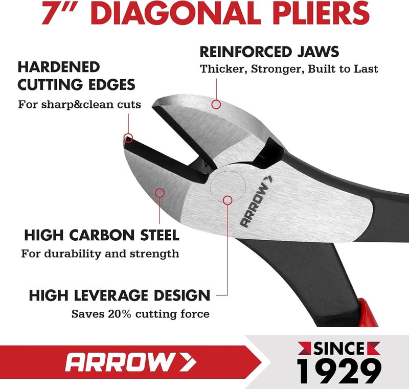 Arrow Fastener كماشة قطع قطرية عالية الرفع 7 بوصة من ARROW، قواطع سلك ثقيلة مع مقبض مريح، قواطع جانبية لقطع الأسلاك - Image 4